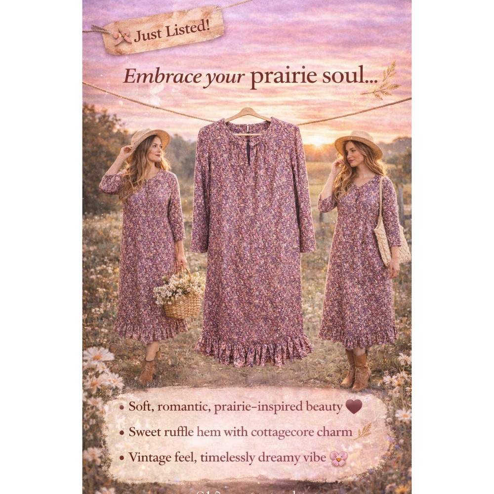 Handmade Vintage Paisley Print Long Sleeve Midi Dress Ruffle Hem Mauve Purple M